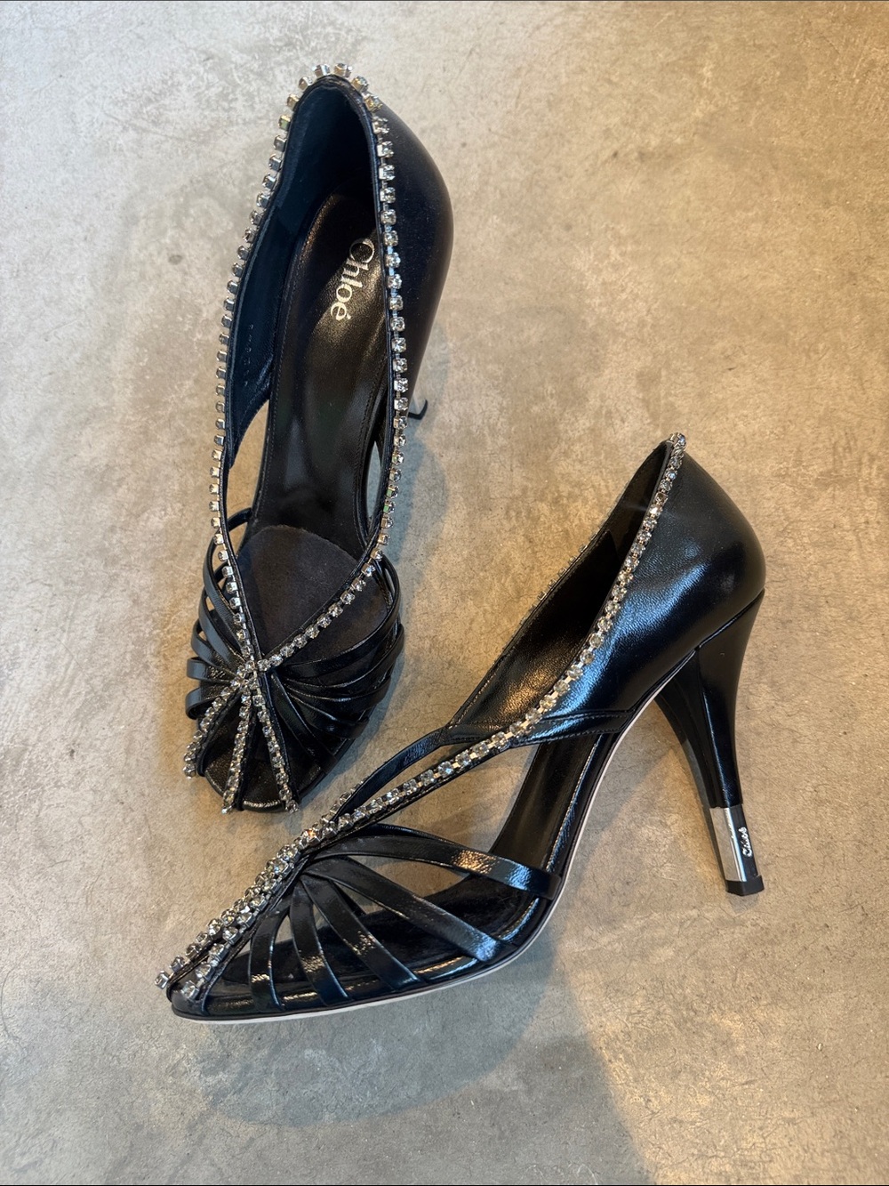 Chloe Black Crystal-Trim Leather Peep-Toe Heels